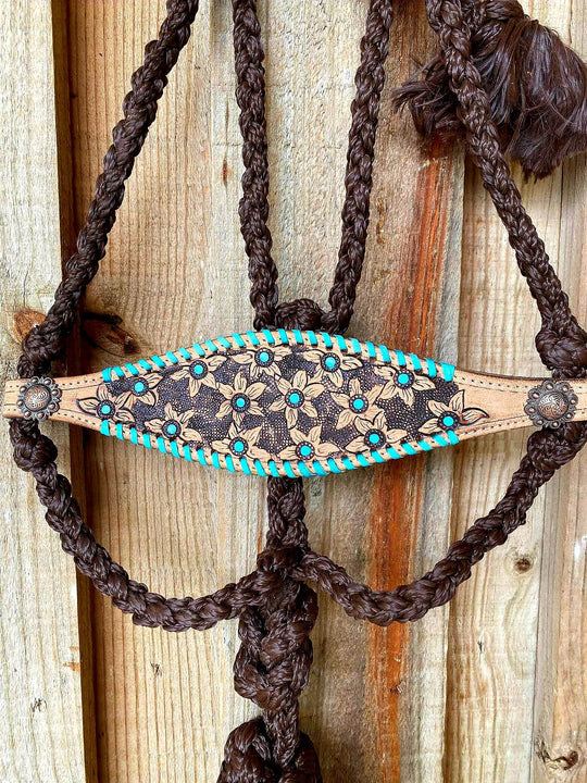 Halter - Woven nylon mule tape halter Tooled Leather Noseband