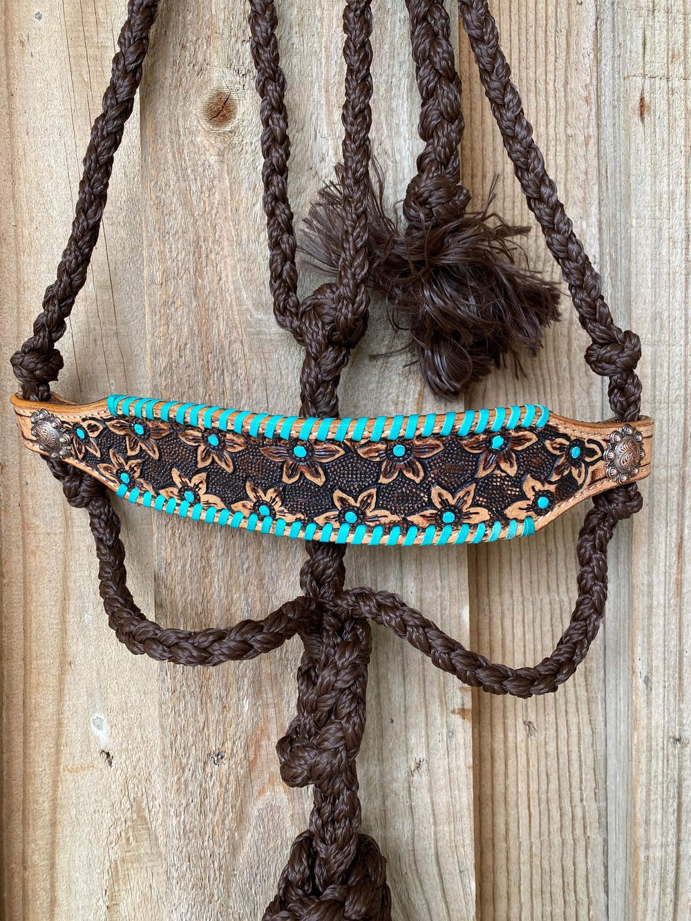 Halter - Woven nylon mule tape halter Tooled Leather Noseband