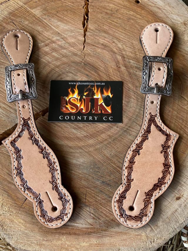 Straps - Leather Ladies/ Youth spur straps with barbwire tooling