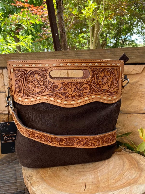 American Darling Genuine Embossed Chocolate Leather Clutch/Crossbody