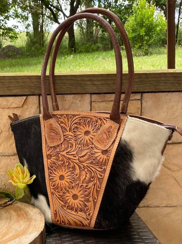 American Darling Genuine Tooled Sunflower Leather and Hide Tote
