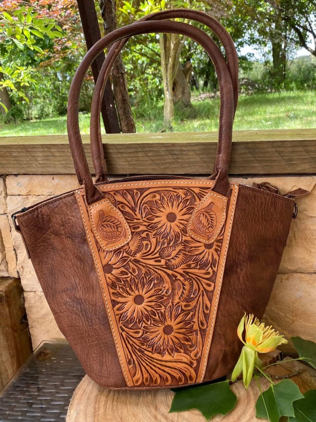 American Darling Genuine Tooled Sunflower Leather  Tote