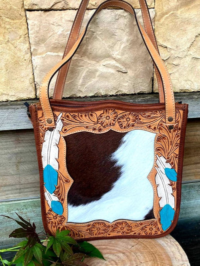 American Darling Genuine Tooled Leather and Hide Tote Feather Design