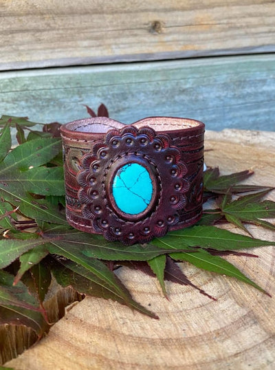 American Darling Hand Tooled Leather Cuff Bracelet Faux Turquoise