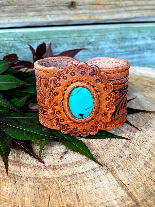 American Darling Hand Tooled Leather Cuff Bracelet Faux Turquoise