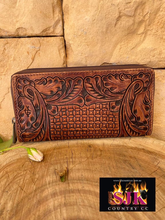 American Darling Leather Tooled Wallet Zip Around