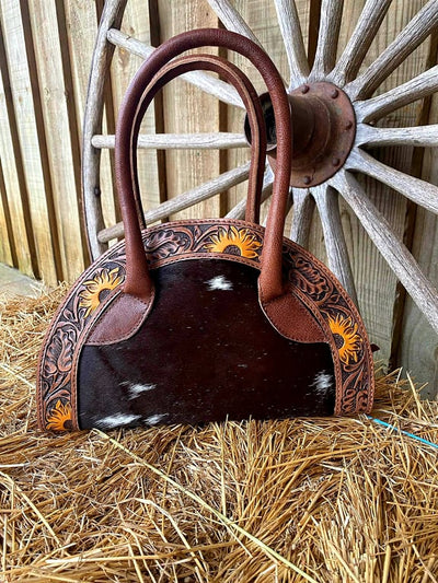 American Darling Genuine Tooled Leather and Hide Tote Sunflower Design
