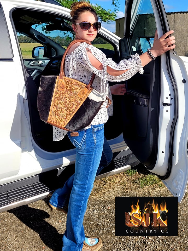 American Darling Genuine Tooled Sunflower Leather and Hide Tote