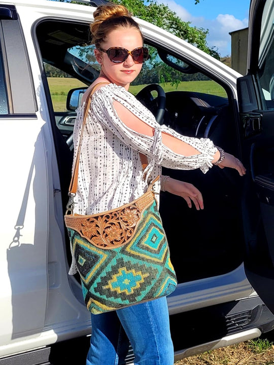 Western Recycled Canvas and Leather Tote Beautiful Tribal Print Tooled Leather