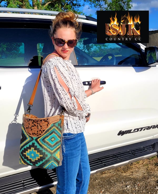Western Recycled Canvas and Leather Tote Beautiful Tribal Print Tooled Leather