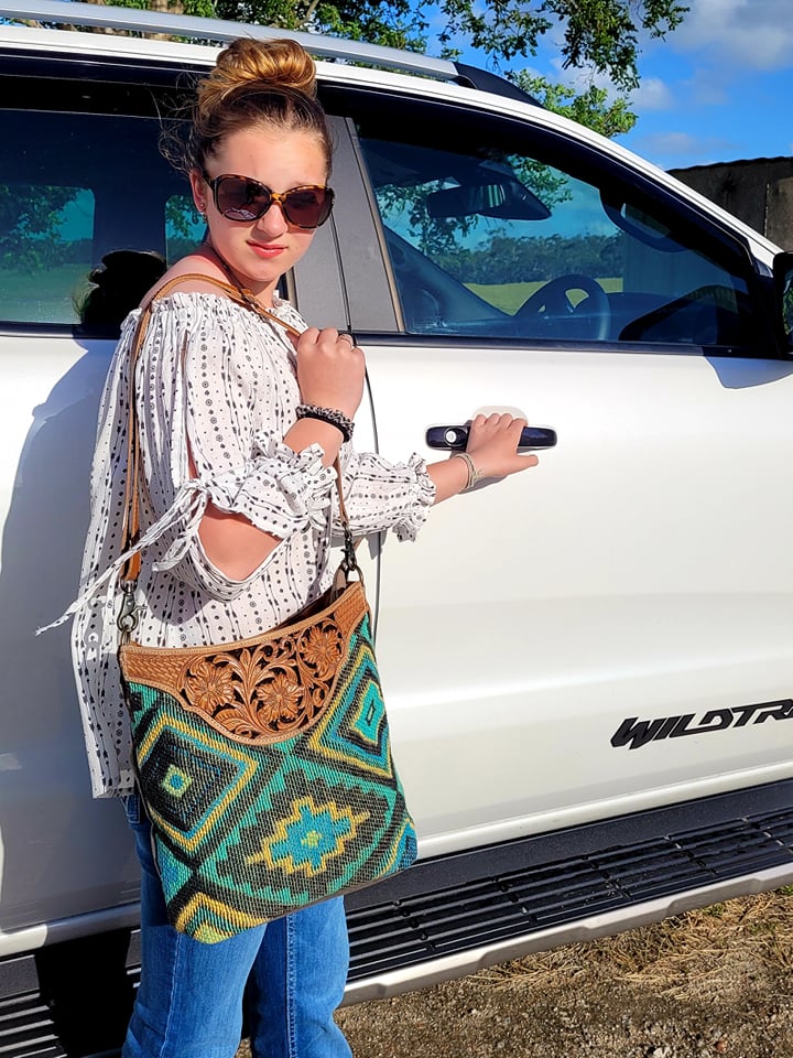 Western Recycled Canvas and Leather Tote Beautiful Tribal Print Tooled Leather