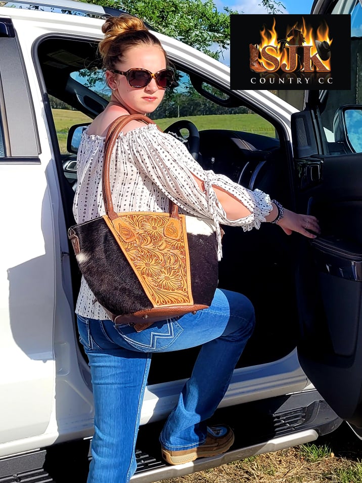 American Darling Genuine Tooled Sunflower Leather and Hide Tote