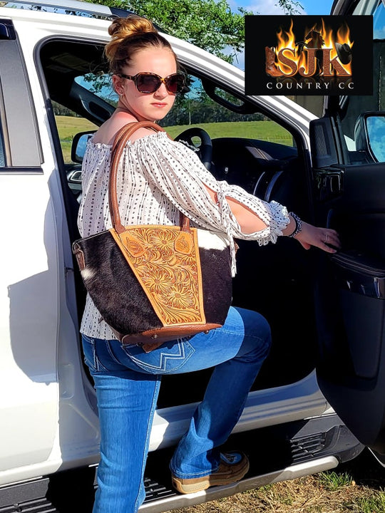 American Darling Genuine Tooled Sunflower Leather and Hide Tote