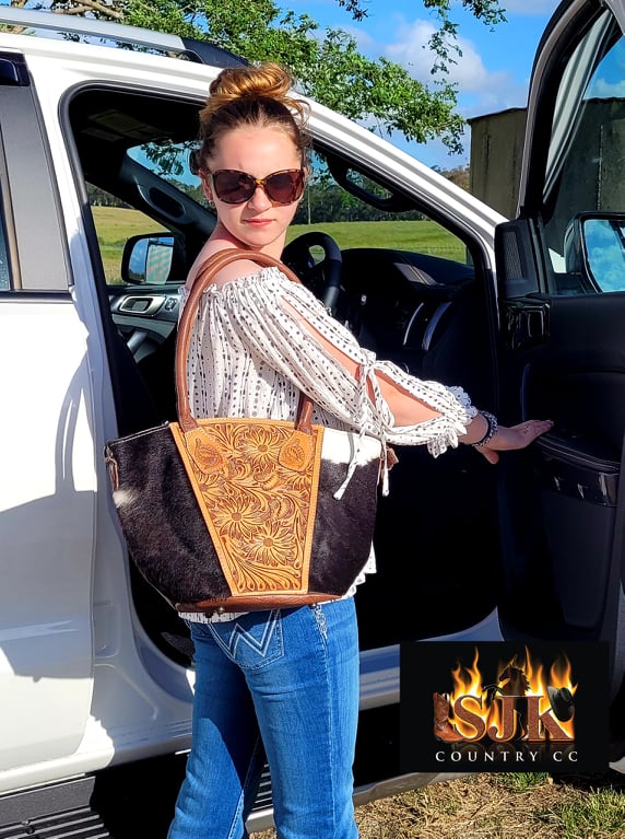 American Darling Genuine Tooled Sunflower Leather and Hide Tote