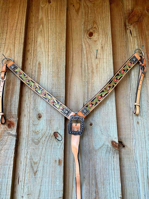 Breastcollar -  Belt Style Painted Floral Tooled Leather Breast Collar