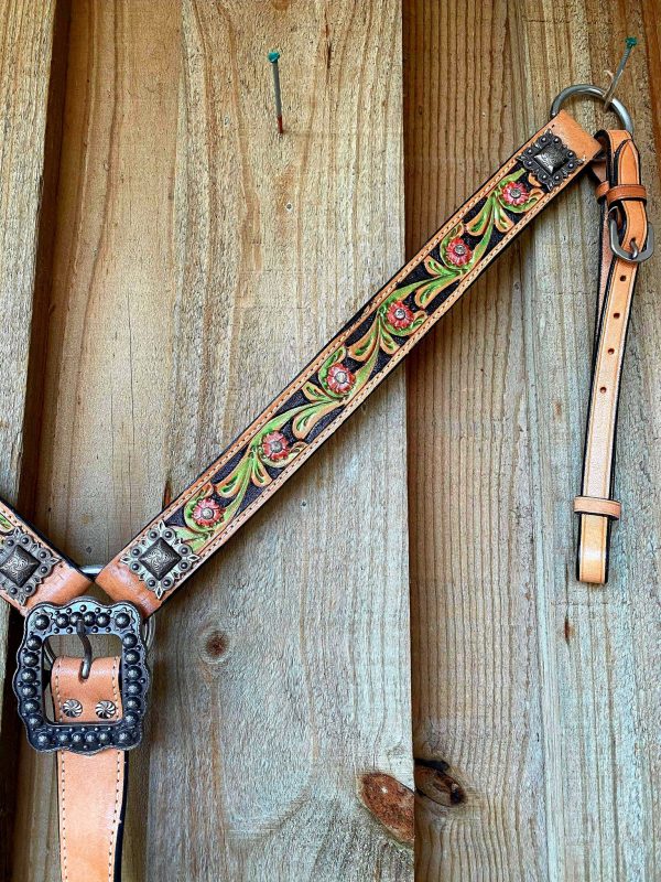Breastcollar -  Belt Style Painted Floral Tooled Leather Breast Collar
