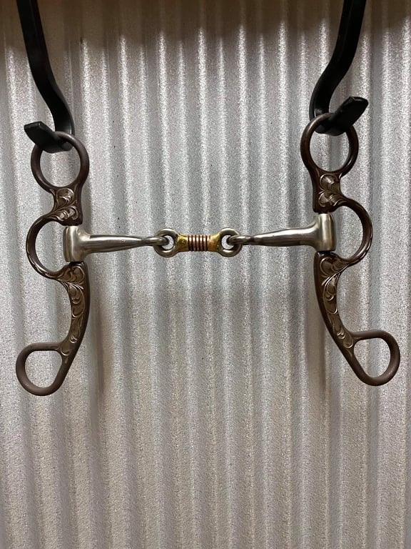 Bit - Engraved antique brown steel bit with dogbone center