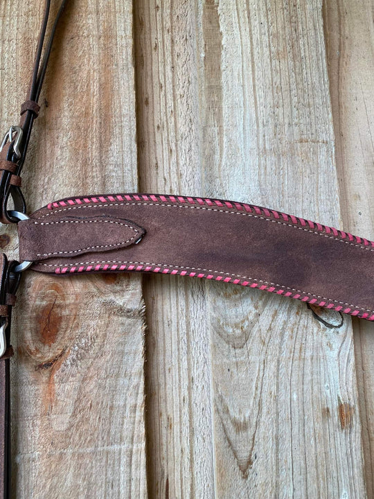 Tripping - Wide Roughtout Leather Breastcollar with Pink Buckstitch