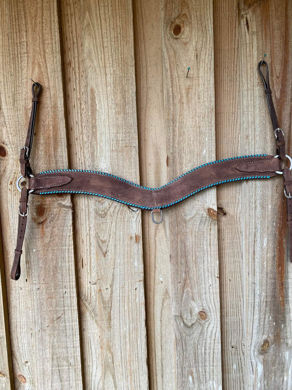 Tripping  - Wide Roughtout Leather Breastcollar with Turquoise Buckstitch