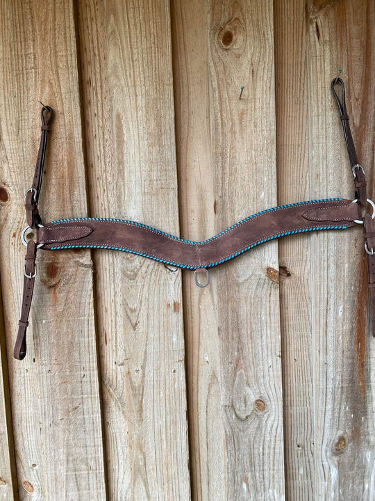 Tripping  - Wide Roughtout Leather Breastcollar with Turquoise Buckstitch