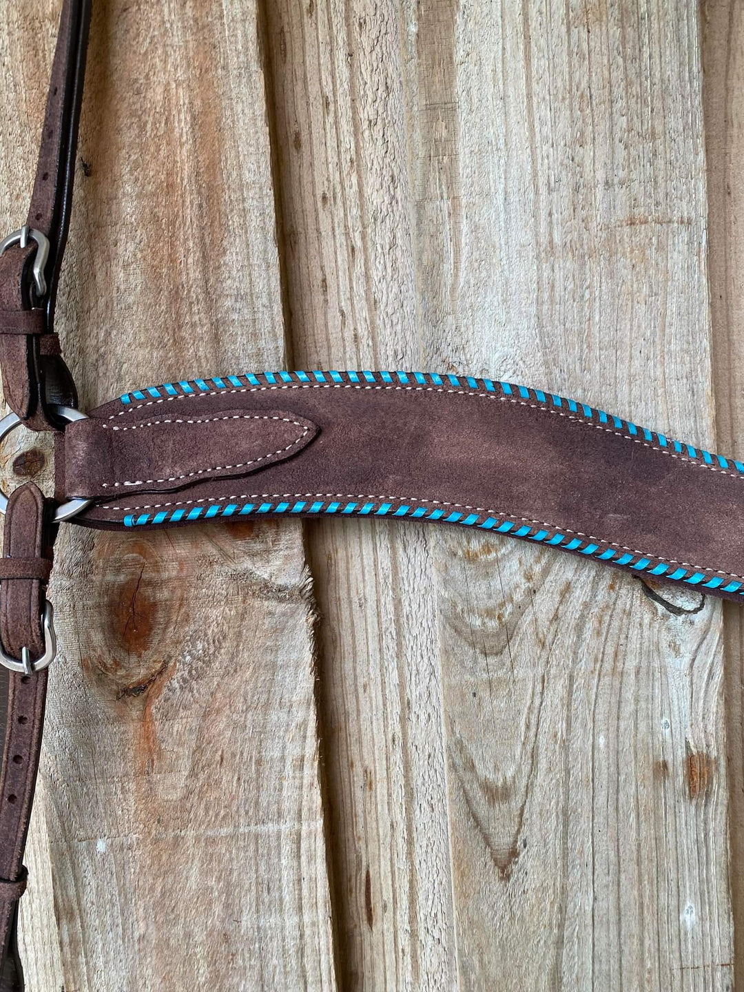 Tripping  - Wide Roughtout Leather Breastcollar with Turquoise Buckstitch