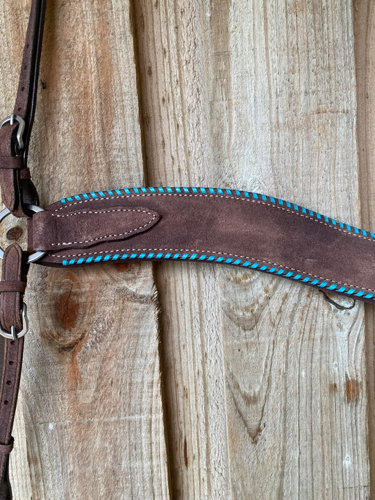 Tripping  - Wide Roughtout Leather Breastcollar with Turquoise Buckstitch
