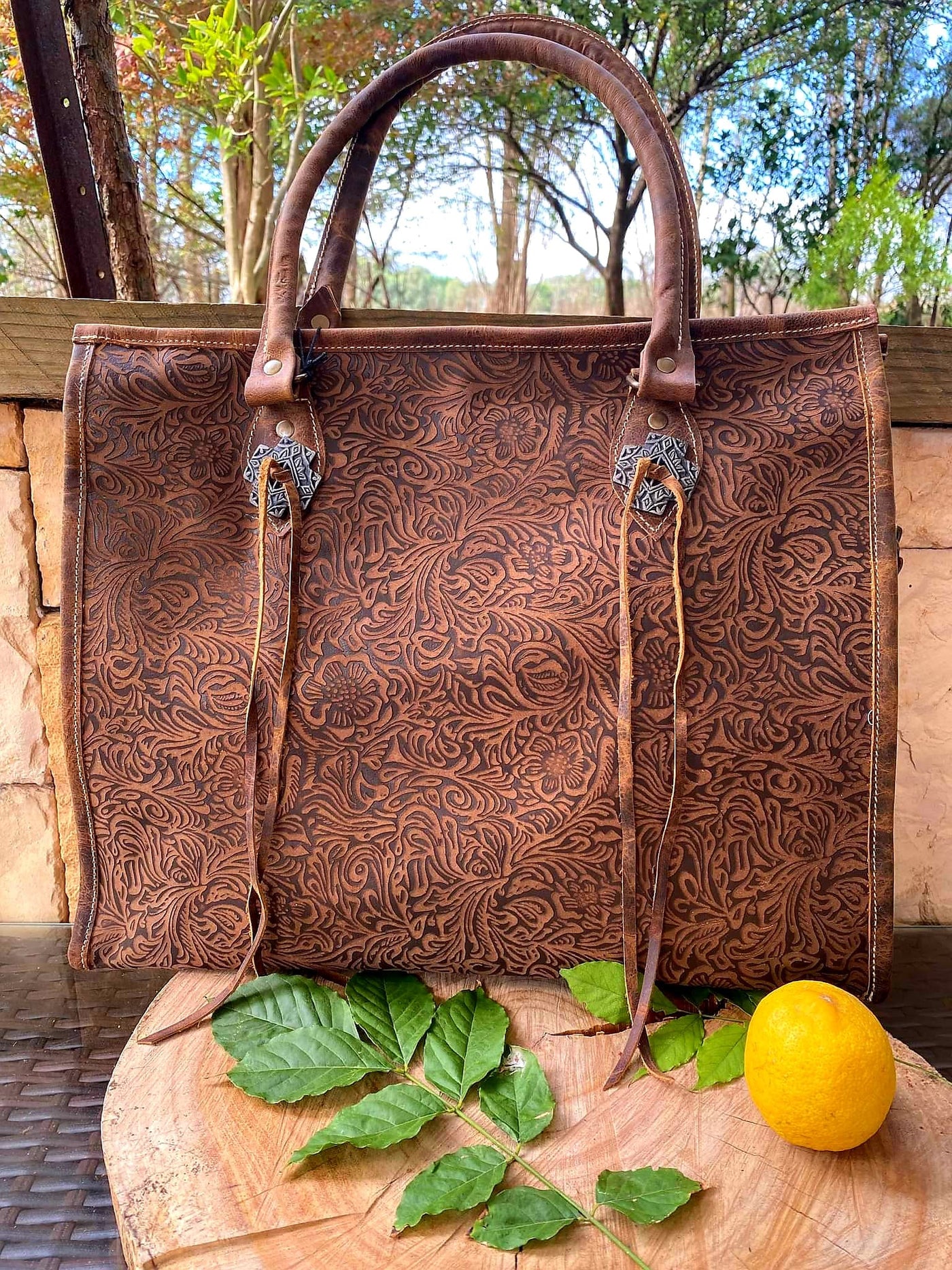 Western Leather Embossed Distressed Leather Tote