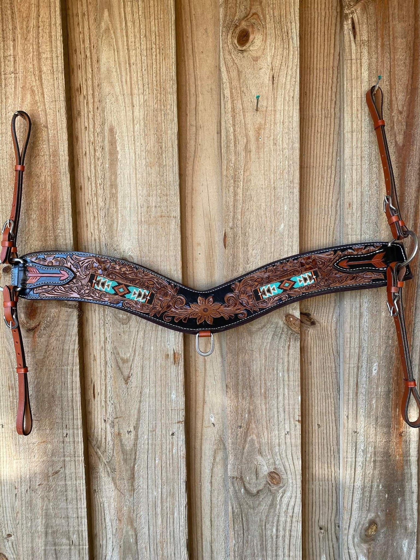 Breastcollar - Western Tripping Breastplate with Tooling and Beaded Inlay