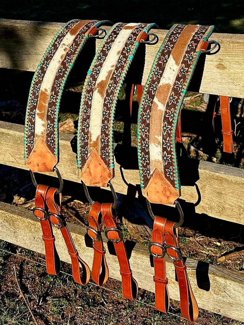 Tripping- Floral tooled Breastcollar w Cowhide Breastplate