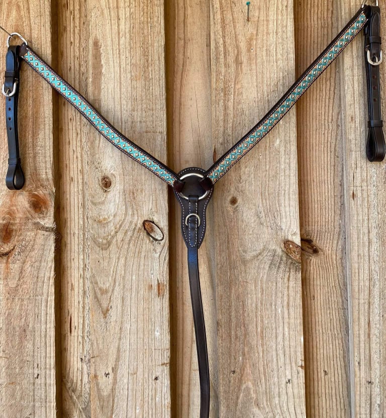 Western Tack Set - Turquoise Floral Painted 2 Tone Leather Breastplate