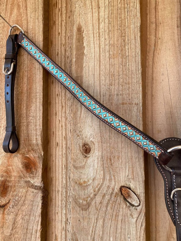 Western Tack Set - Turquoise Floral Painted 2 Tone Leather Breastplate