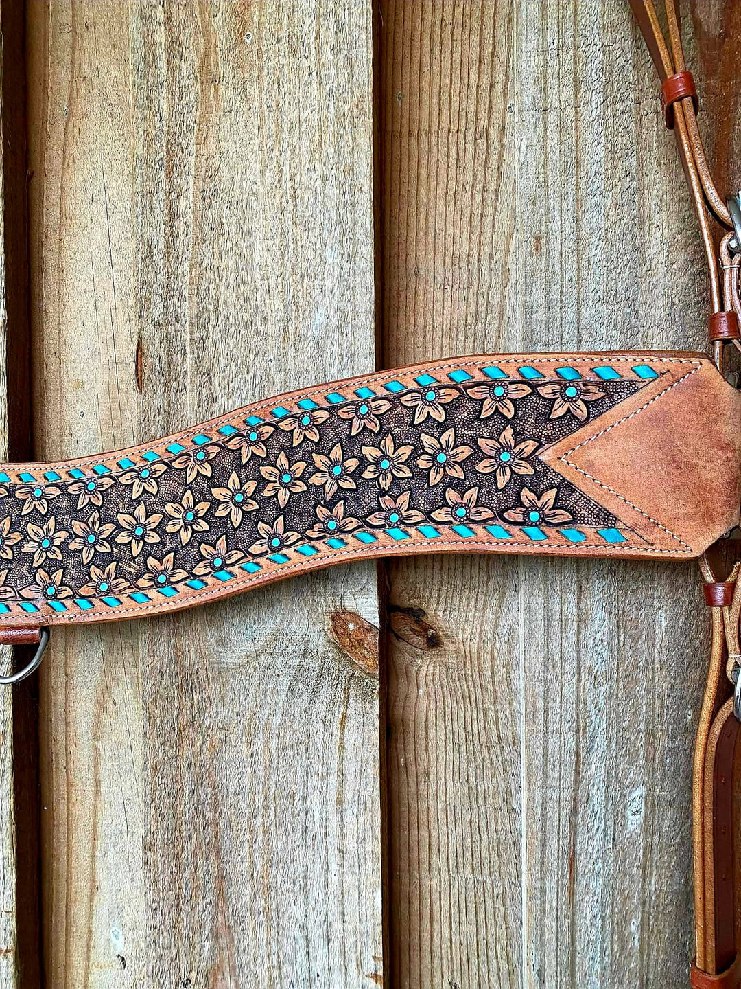 Western Tack set- Floral Embossed Headstall with Buckstitch trim W/ Reins, Breastcollar
