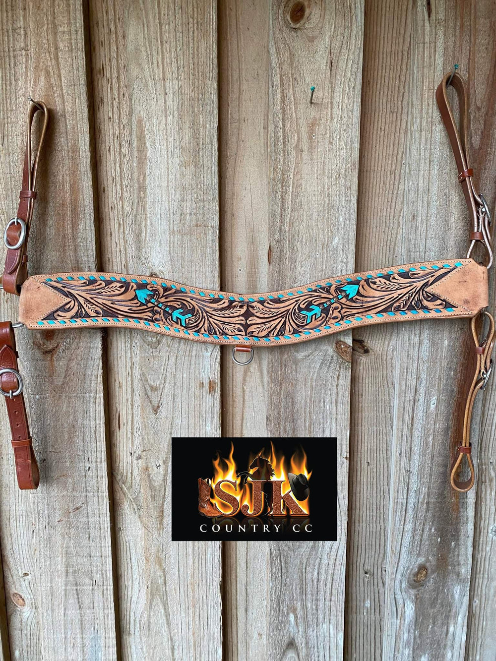 Tripping - Floral tooled Breastcollar w Turq Buckstitch Arrow Breastplate