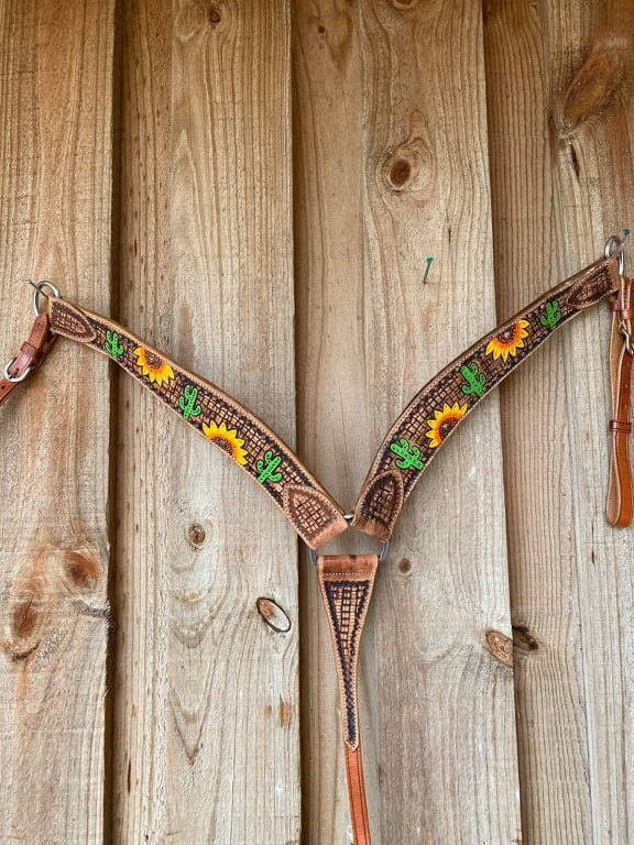 Western Tack Set - Browband Cactus Bridle with Leather Tooling w/ reins & Breastcollar