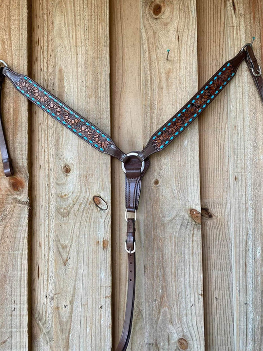 Western Tack Set - Sunflower Tooled Tack set with Teal Buckstitch trim