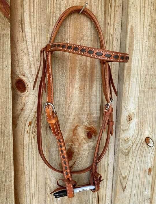 Western Bridle Browband  Harness leather Browband Headstall with dark brown buckstitch trim