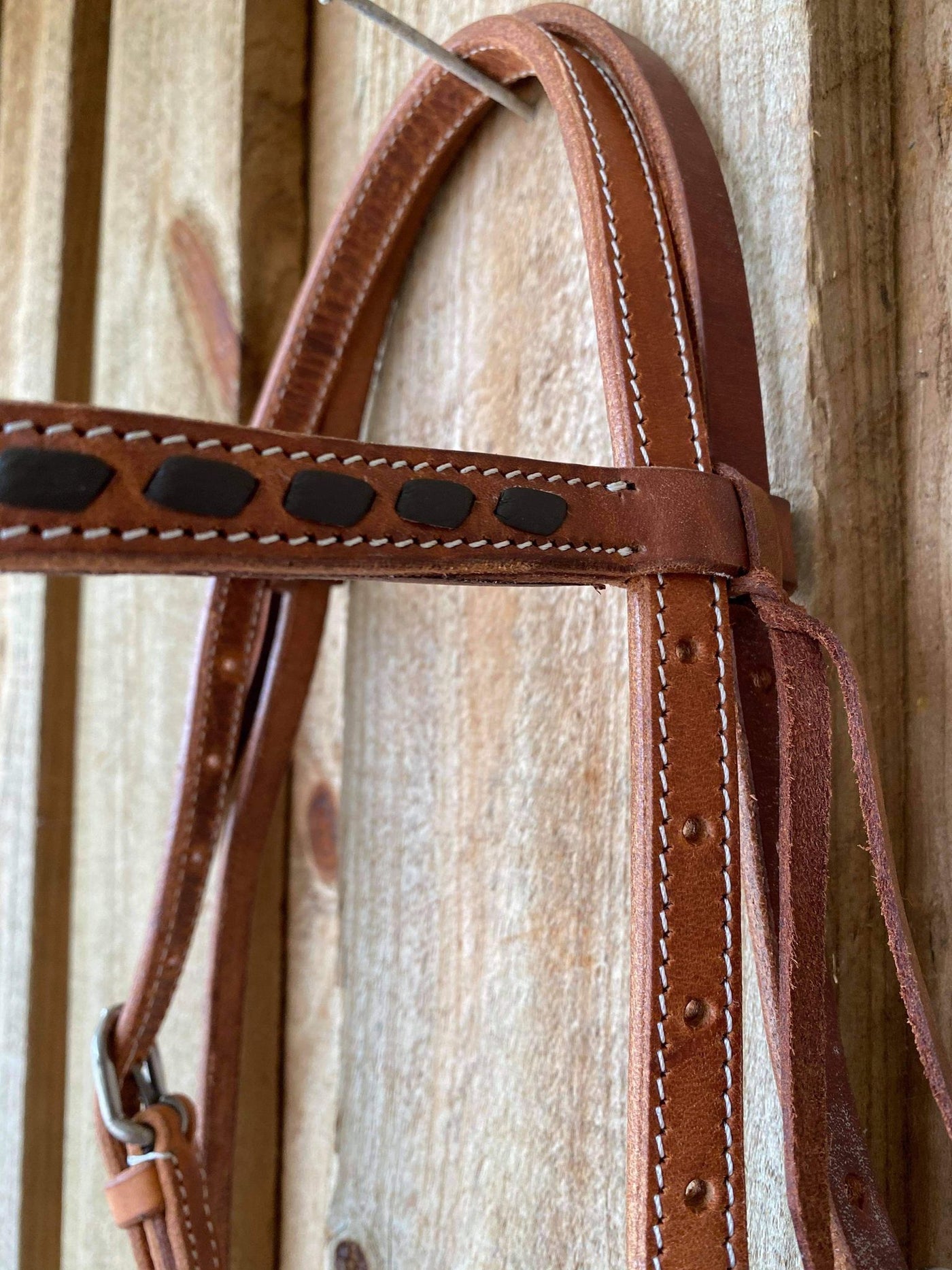 Western Bridle Browband  Harness leather Browband Headstall with dark brown buckstitch trim