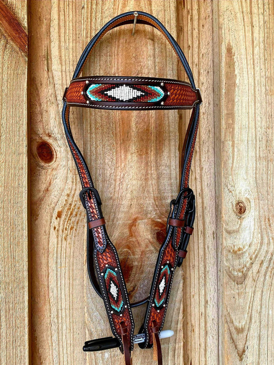 Western Bridle Browband Headstall Tooled with Beaded Inlay