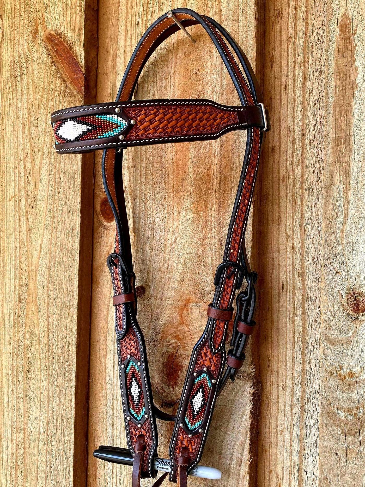Western Bridle Browband Headstall Tooled with Beaded Inlay