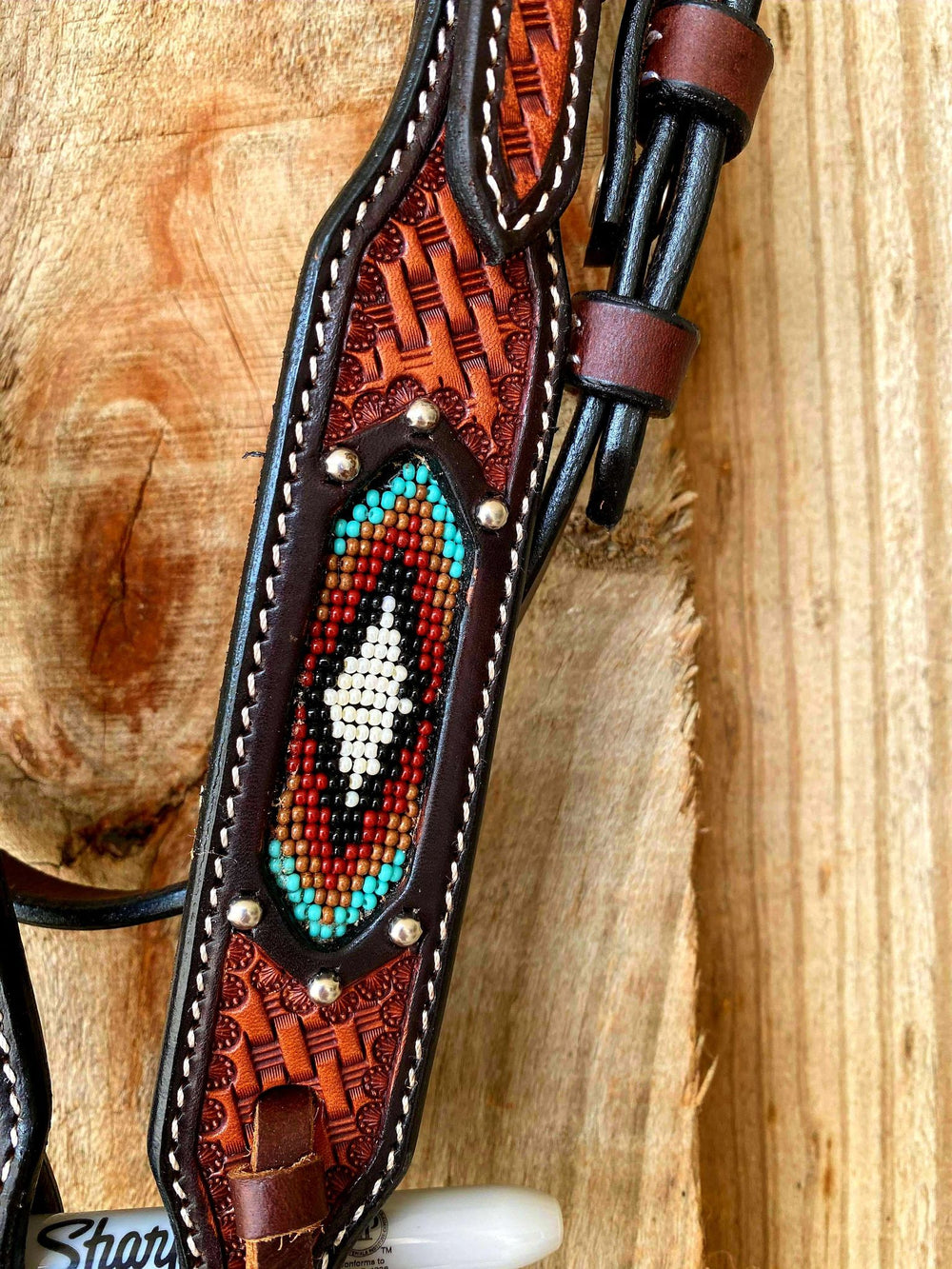 Western Bridle Browband Headstall Tooled with Beaded Inlay
