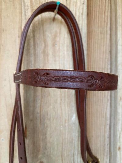 Western Bridle Browband Harness Oiled Barbwire Tooled Leather Headstall