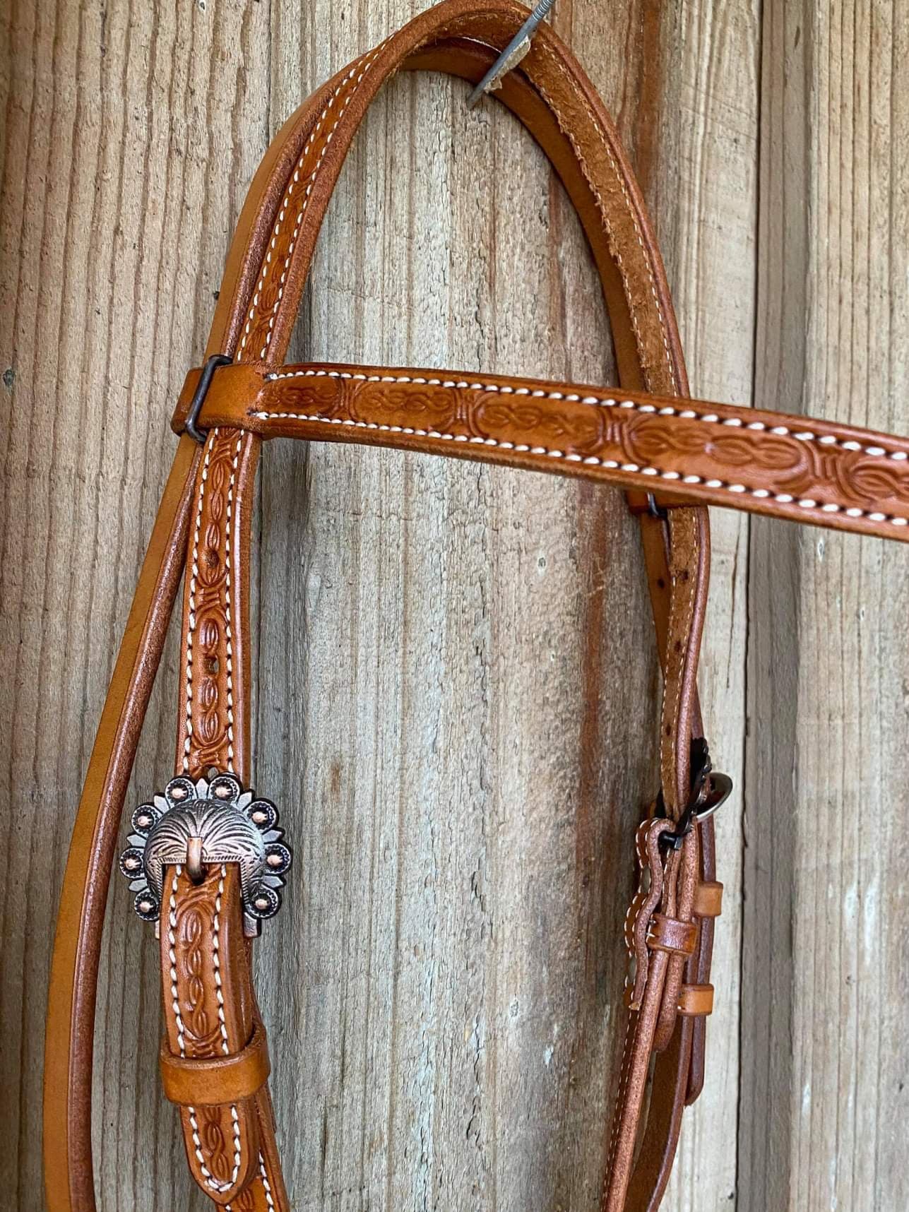 Western Bridle Browband Leather Barbwire Tooled Headstall