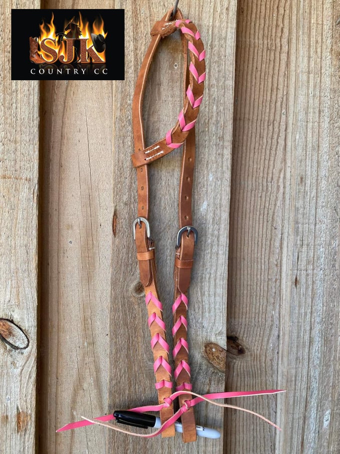 Western Bridle One Ear Tan Harness Leather With  Pink Coloured Lacing