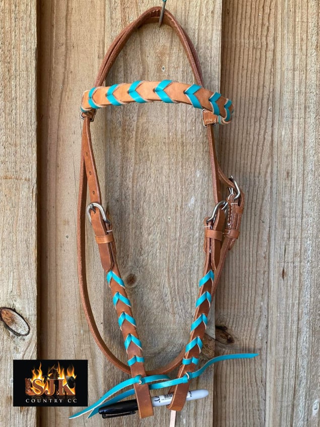 Western Bridle Browband Tan Harness Leather Headstall With Teal Coloured Lacing