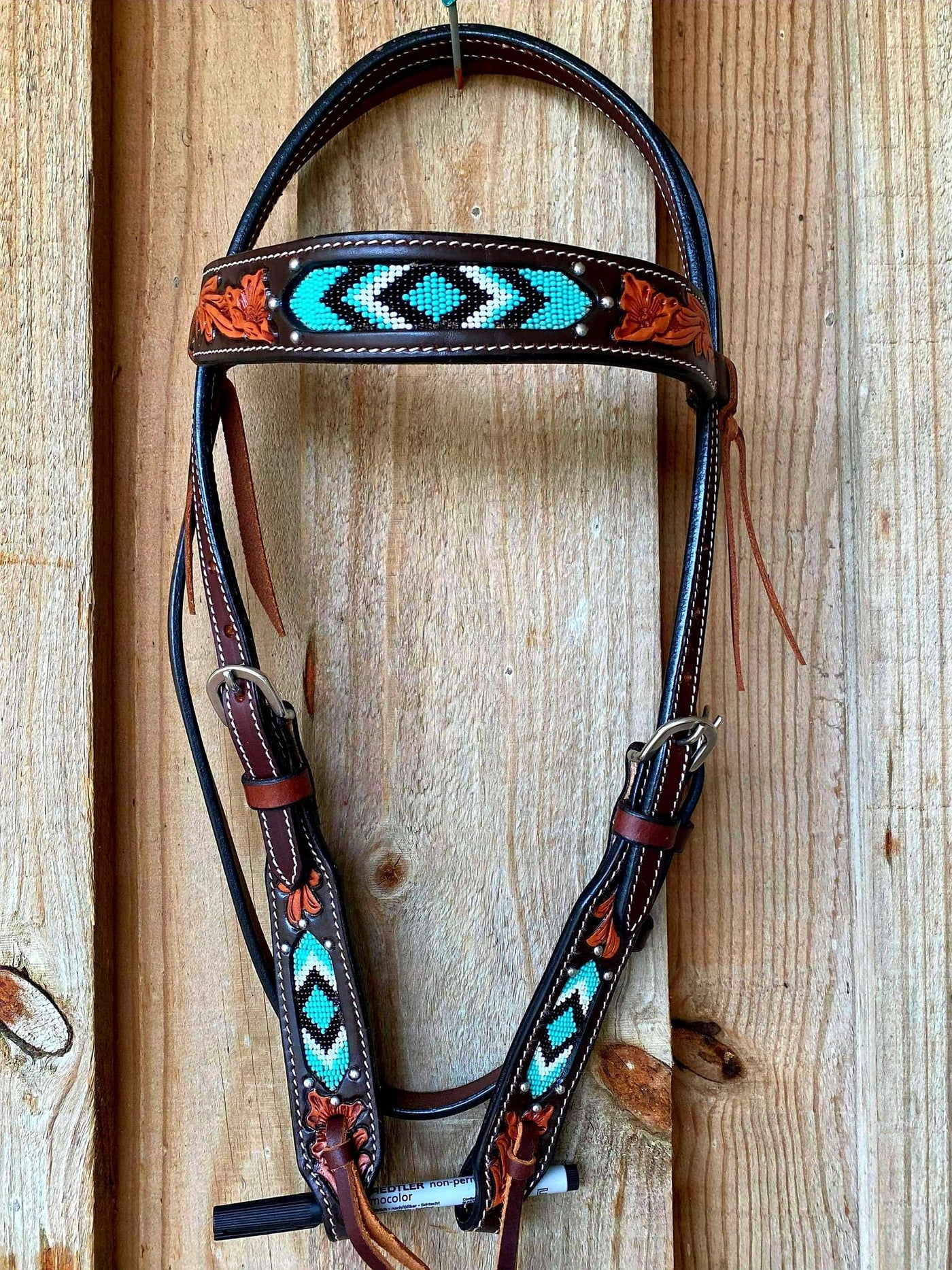 Western Bridle Browband Headstall Tooled with Beaded Inlay