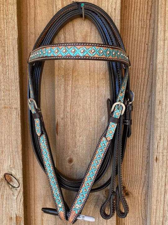 Western Tack Set - Turquoise Floral Painted 2 Tone Leather Breastplate