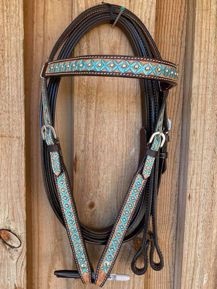 Western Tack Set - Turquoise Floral Painted 2 Tone Leather Breastplate