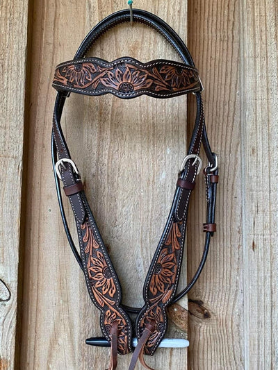 Western Bridle Browband Tooled Sunflower Two Tone Leather Headstall