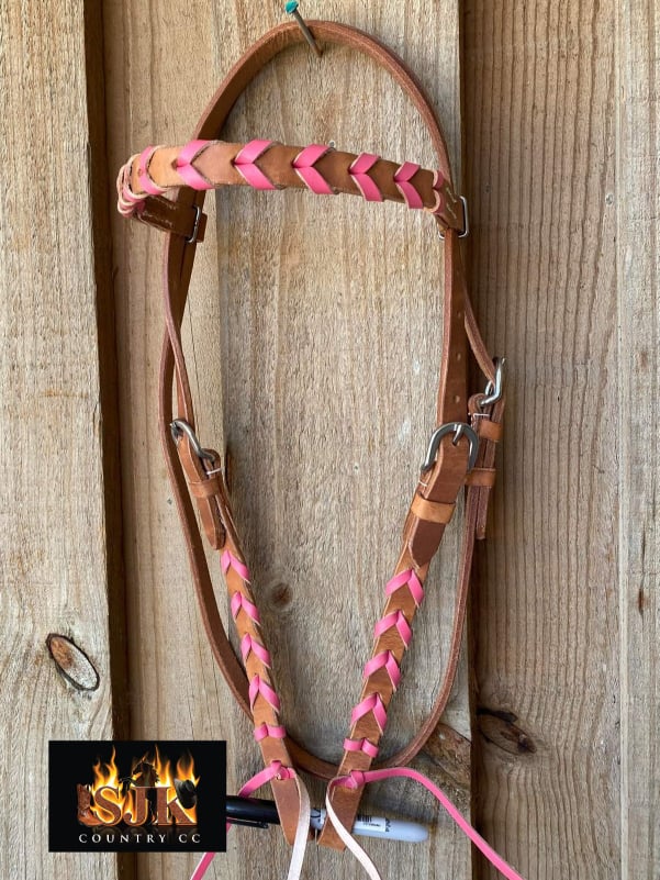 Western Bridle Browband Tan Harness Leather With Pink Coloured Lacing Headstall