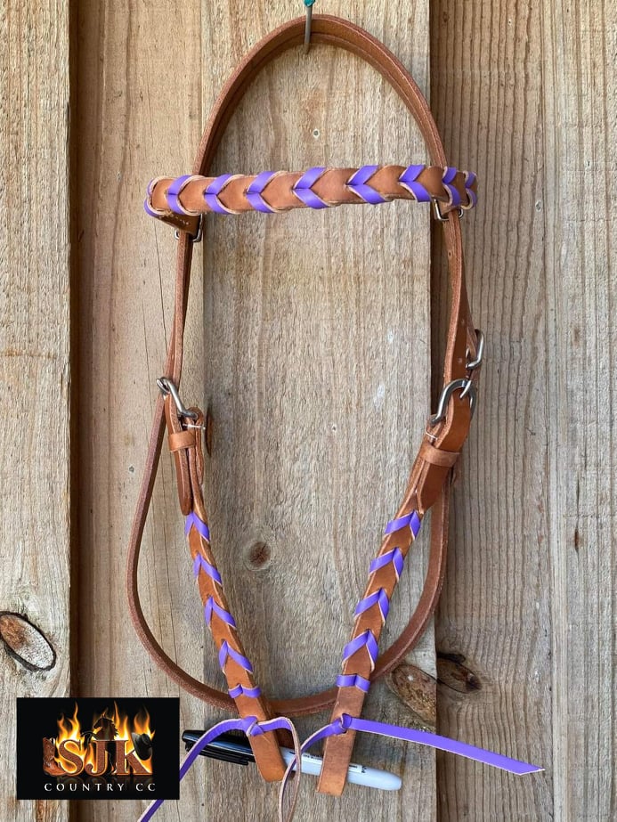 Western Bridle Browband Tan Harness Leather Headstall With Purple Coloured Lacing